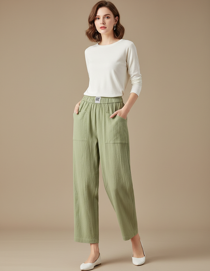 Pantalon Parachute Vert Coton Ample Droit Décontracté Femme