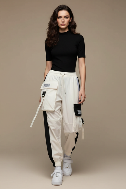 Pantalon Parachute Blanc Cargo Bicolore Techwear Femme - Polyester