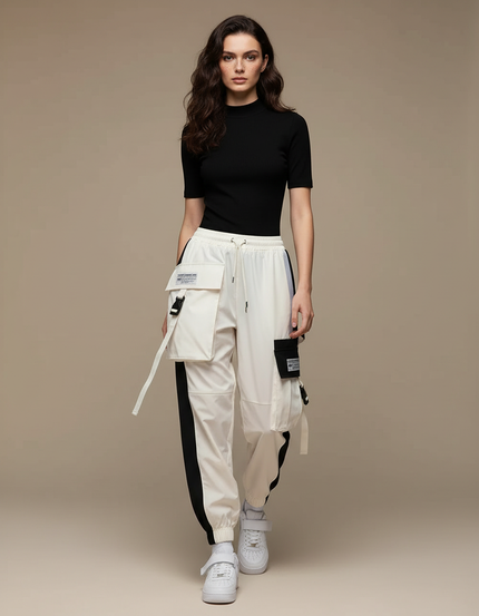 Pantalon Parachute Blanc Cargo Bicolore Techwear Femme - Polyester