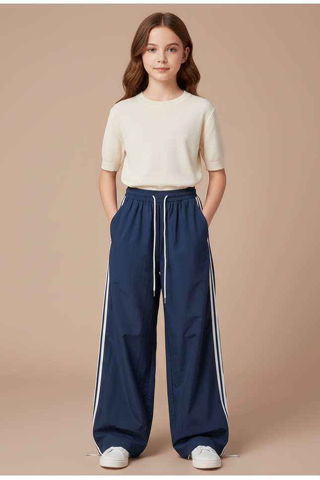 Pantalon Parachute Bleu Marine Rayures Blanches Ample - Polyester