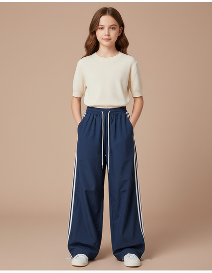Pantalon Parachute Bleu Marine Rayures Blanches Ample - Polyester