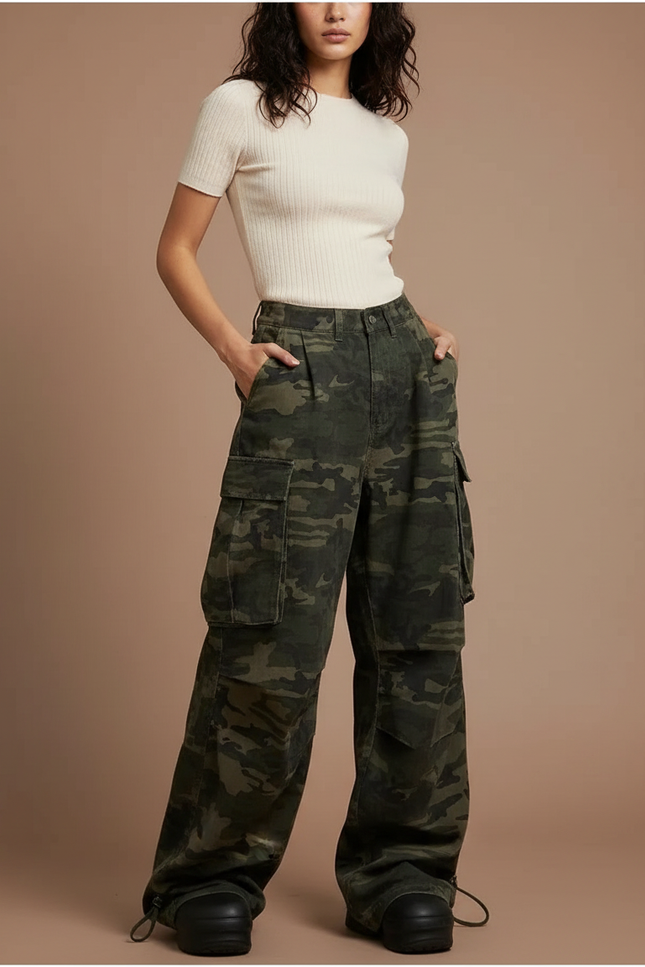 Pantalon Parachute Camouflage Cargo Ample Femme - Kaki Toile