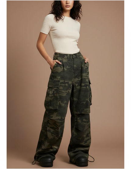 Pantalon Parachute Camouflage Cargo Ample Femme - Kaki Toile