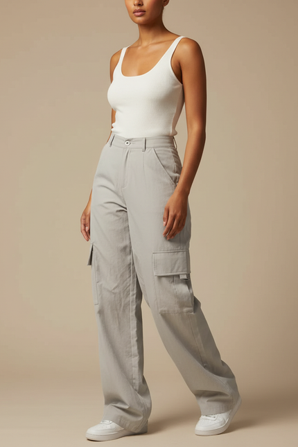 Pantalon Parachute Gris Ample Cargo Décontracté Femme - Toile