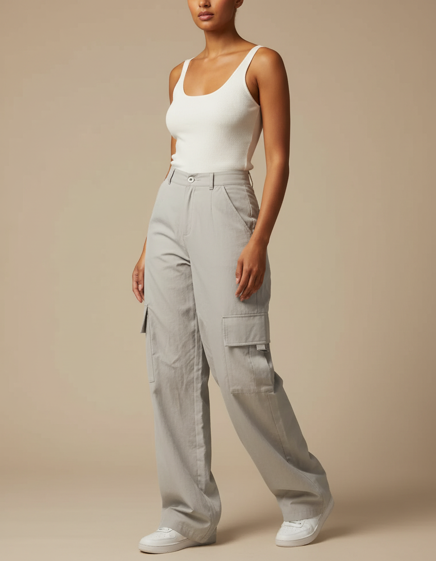 Pantalon Parachute Gris Ample Cargo Décontracté Femme - Toile