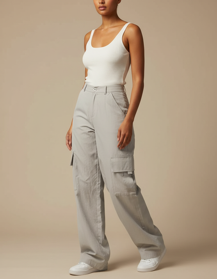 Pantalon Parachute Gris Ample Cargo Décontracté Femme - Toile