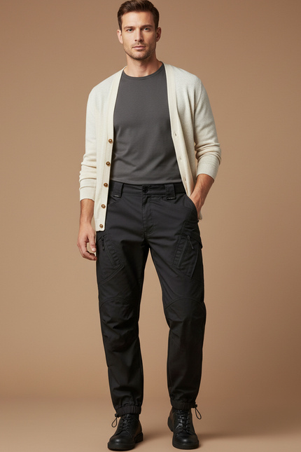 Pantalon Parachute Homme Noir Resserré Aux Chevilles Nylon Techwear - Gabardine