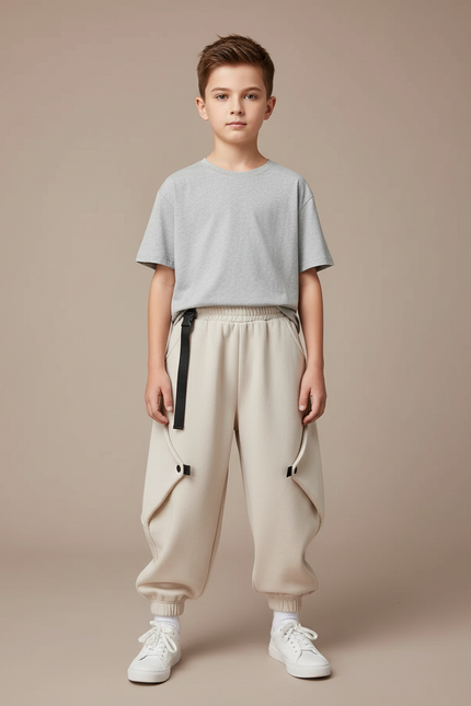 Pantalon Parachute Beige Ample Garçon Décontracté - Molleton