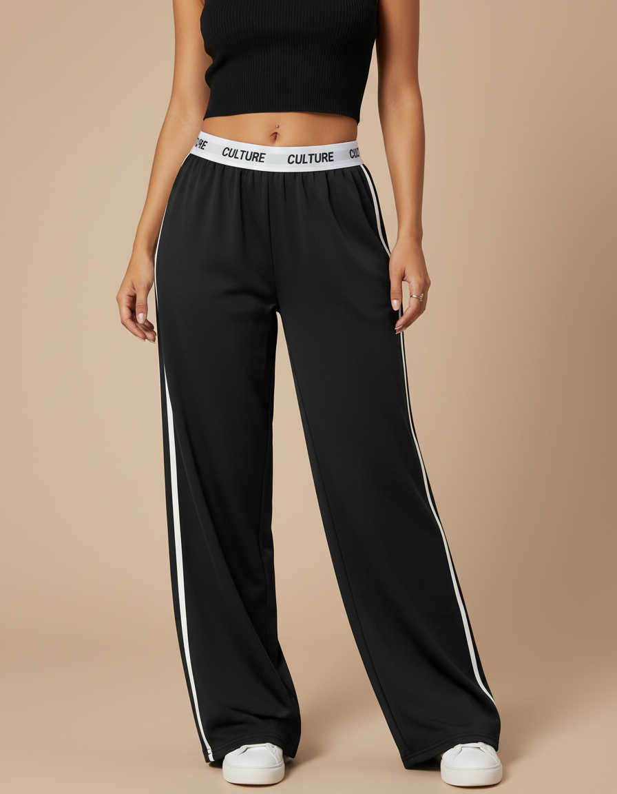 Pantalon Parachute Noir Ample Rayures Blanches - Polyester