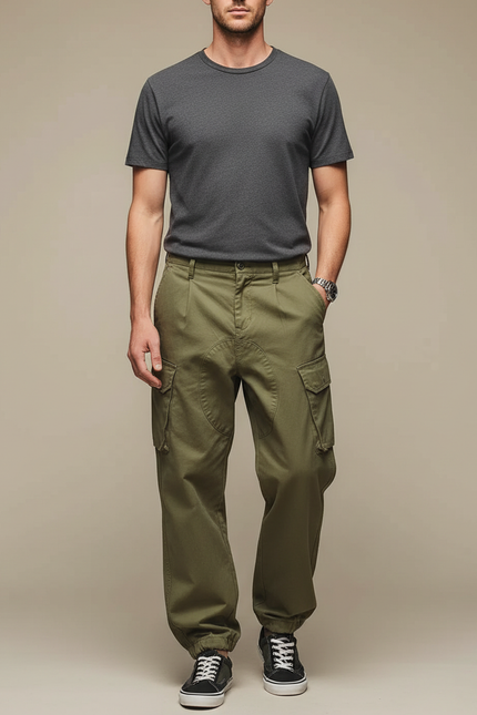 Pantalon Parachute Vert Militaire Cargo Ample Coton Homme - Kaki