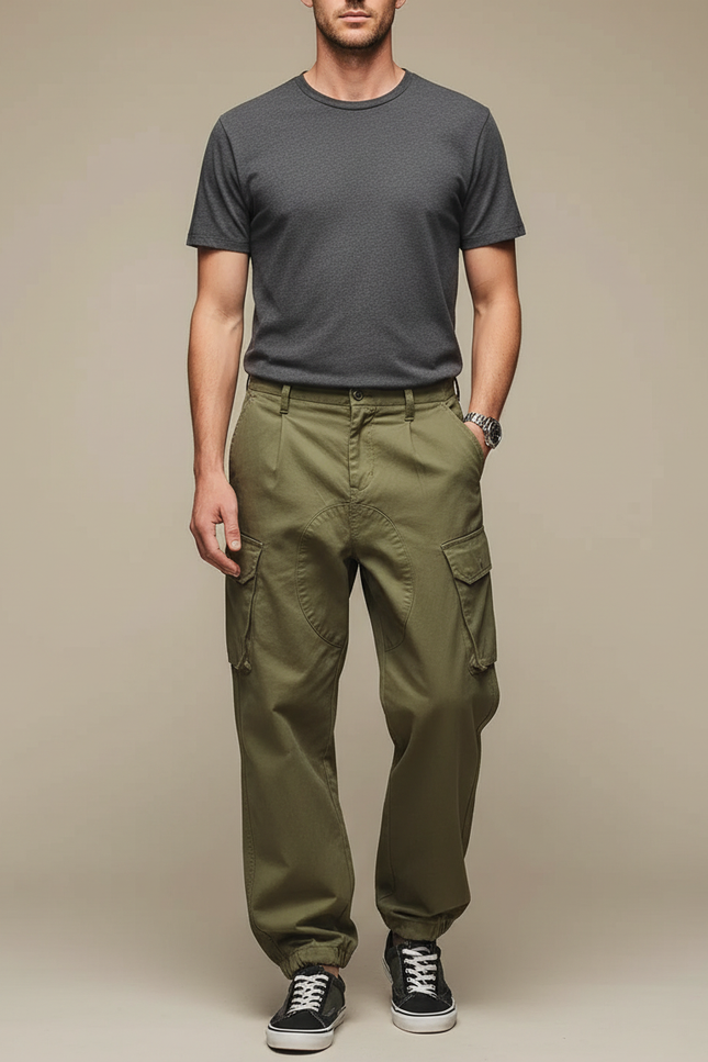Pantalon Parachute Vert Militaire Cargo Ample Coton Homme - Kaki