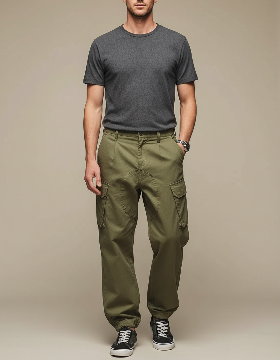 Pantalon Parachute Vert Militaire Cargo Ample Coton Homme - Kaki