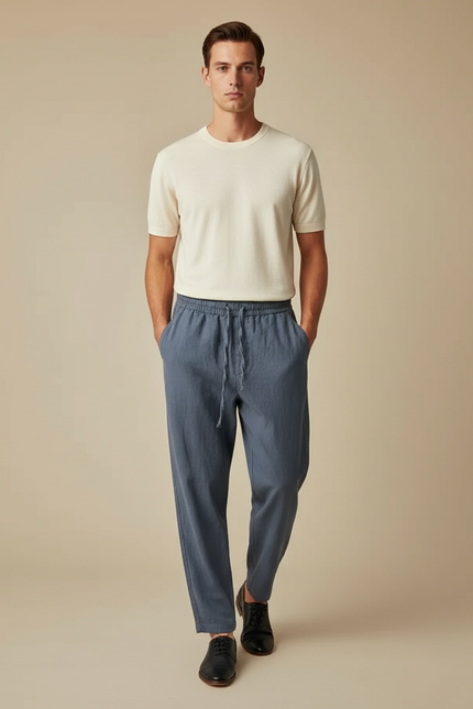Pantalon Parachute Bleu Coton Lin Ample Homme Décontracté