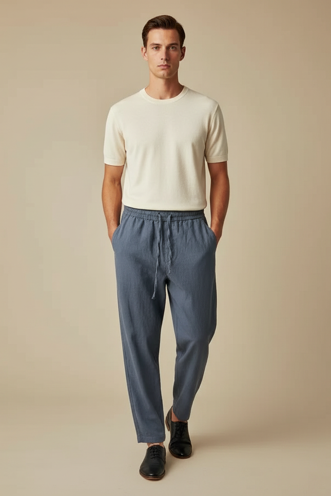 Pantalon Parachute Bleu Coton Lin Ample Homme Décontracté