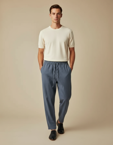 Pantalon Parachute Bleu Coton Lin Ample Homme Décontracté