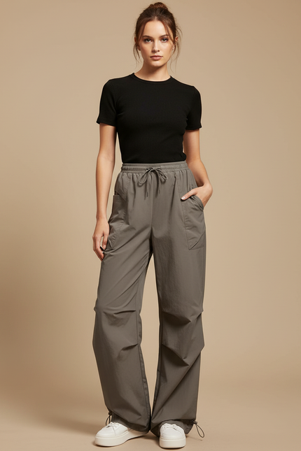 Pantalon Parachute Kaki Ample Décontracté Cordon Femme - Polyester