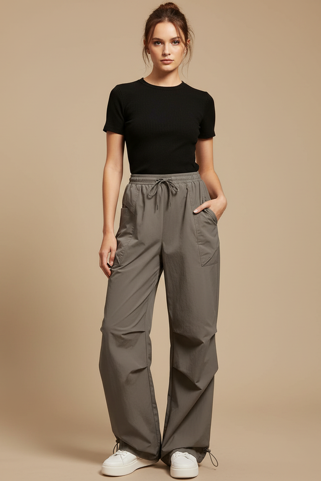 Pantalon Parachute Kaki Ample Décontracté Cordon Femme - Polyester