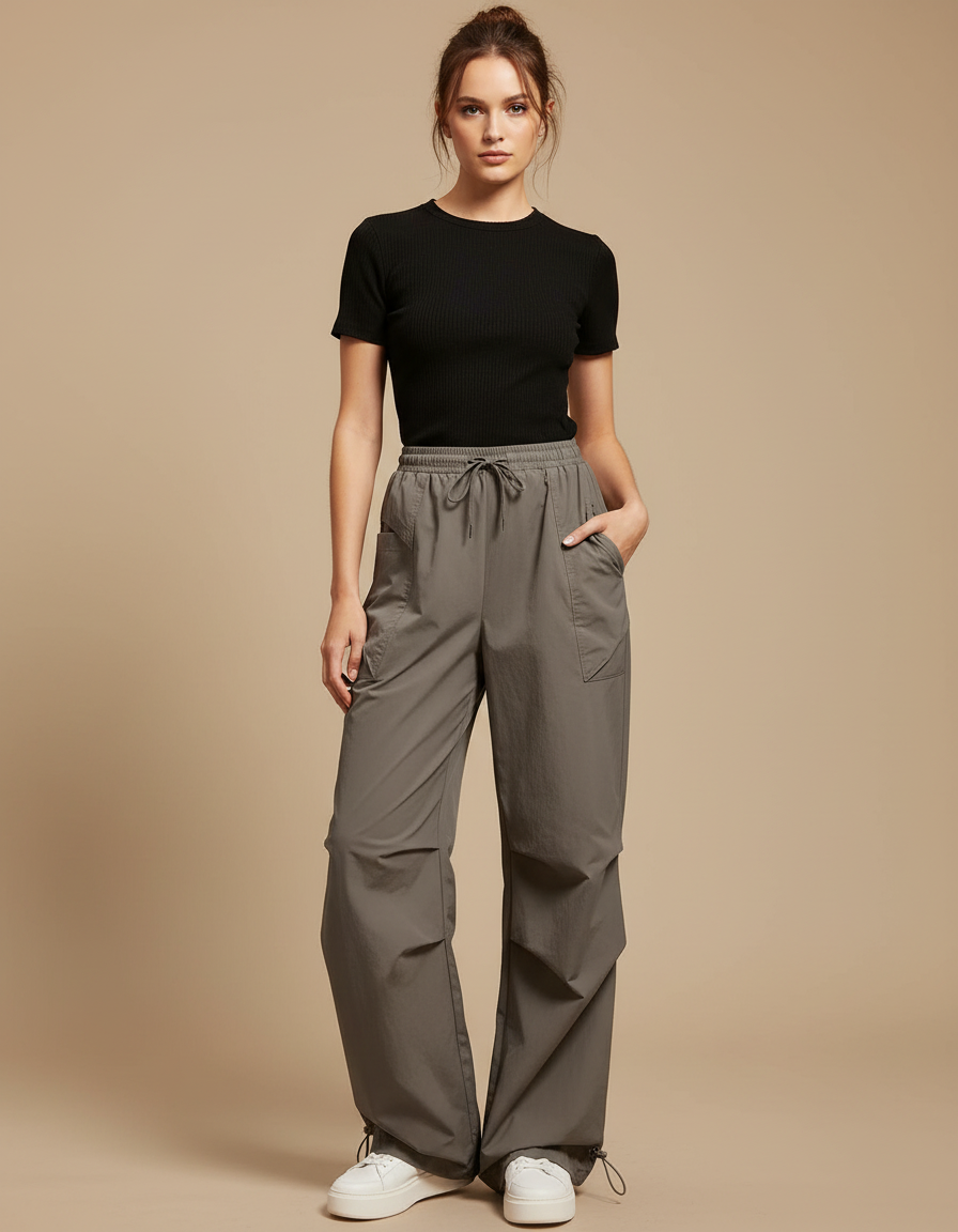 Pantalon Parachute Kaki Ample Décontracté Cordon Femme - Polyester