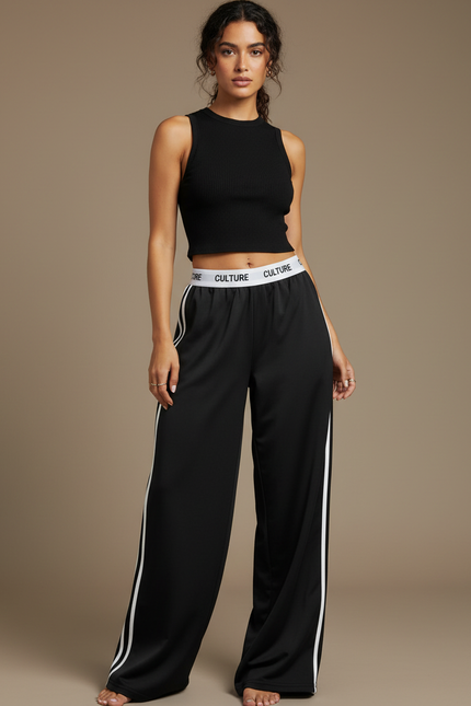 Pantalon Parachute Noir Ample Rayures Blanches Confortable - Polyester