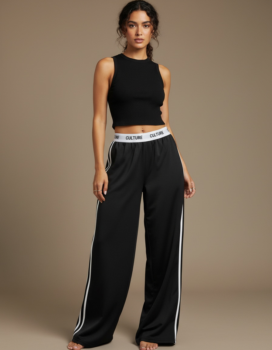 Pantalon Parachute Noir Ample Rayures Blanches Confortable - Polyester