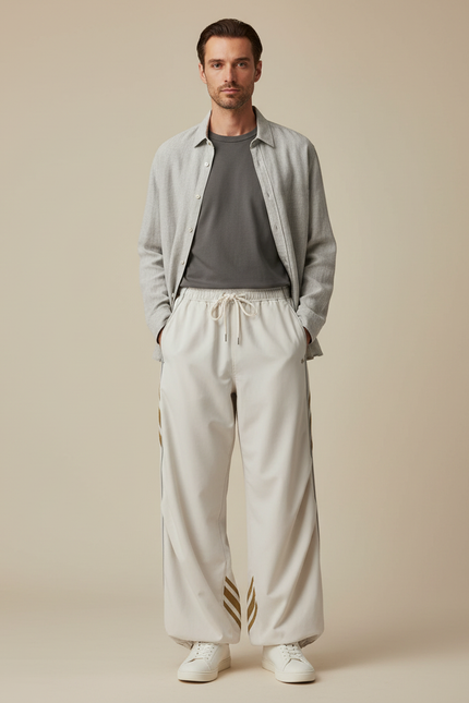 Pantalon Parachute Crème Ample Rayures Décontracté Cordon - Beige Polyester