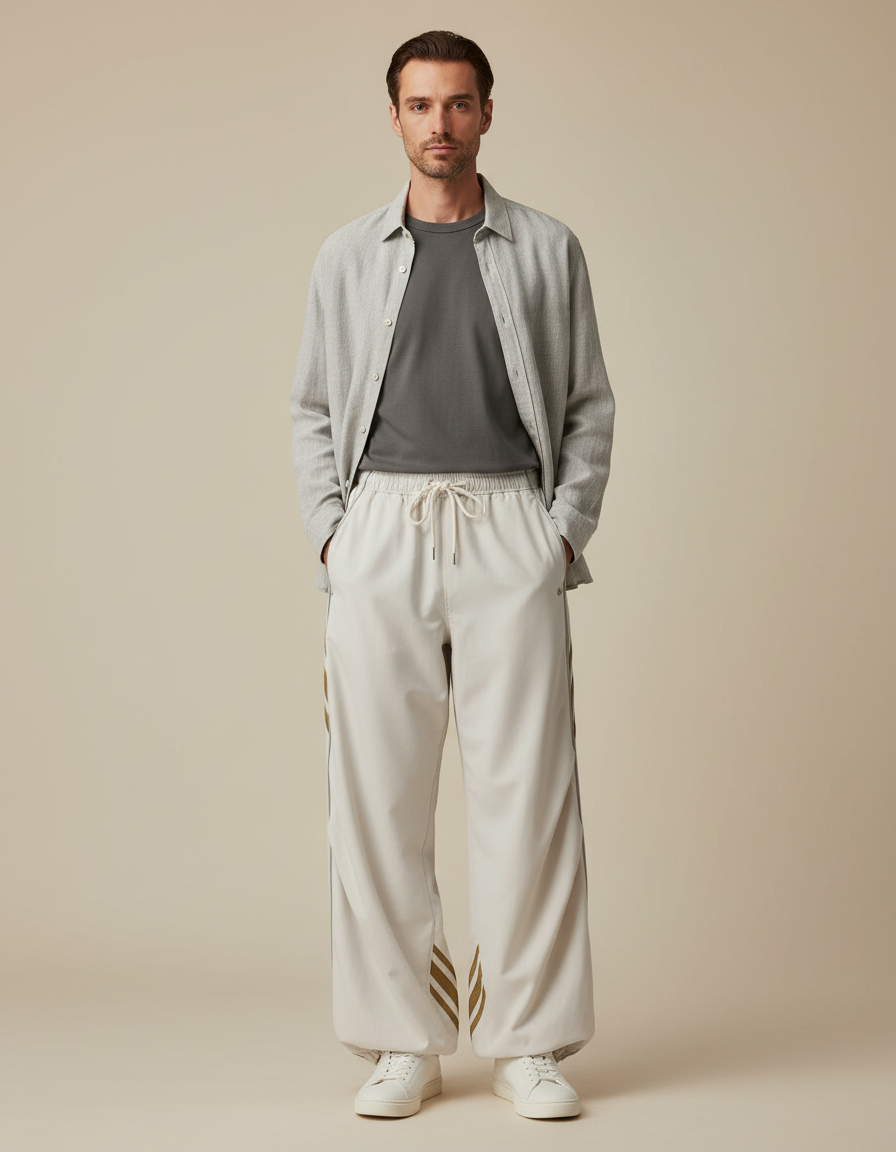 Pantalon Parachute Crème Ample Rayures Décontracté Cordon - Beige Polyester
