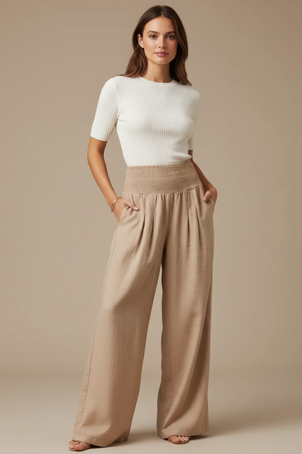 Pantalon Parachute Beige Ample Fluide Taille Haute Femme - Lin