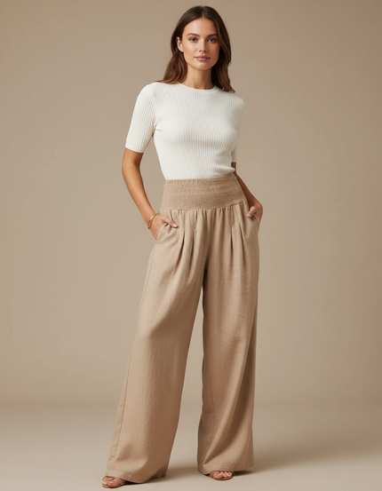 Pantalon Parachute Beige Ample Fluide Taille Haute Femme - Lin