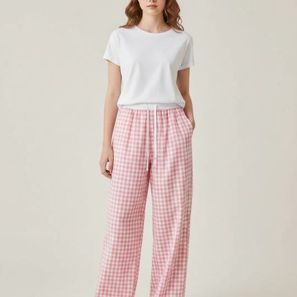Pantalon Parachute Rose Vichy Ample Coton Fluide