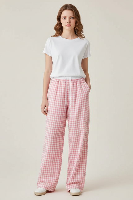 Pantalon Parachute Rose Vichy Ample Coton Fluide