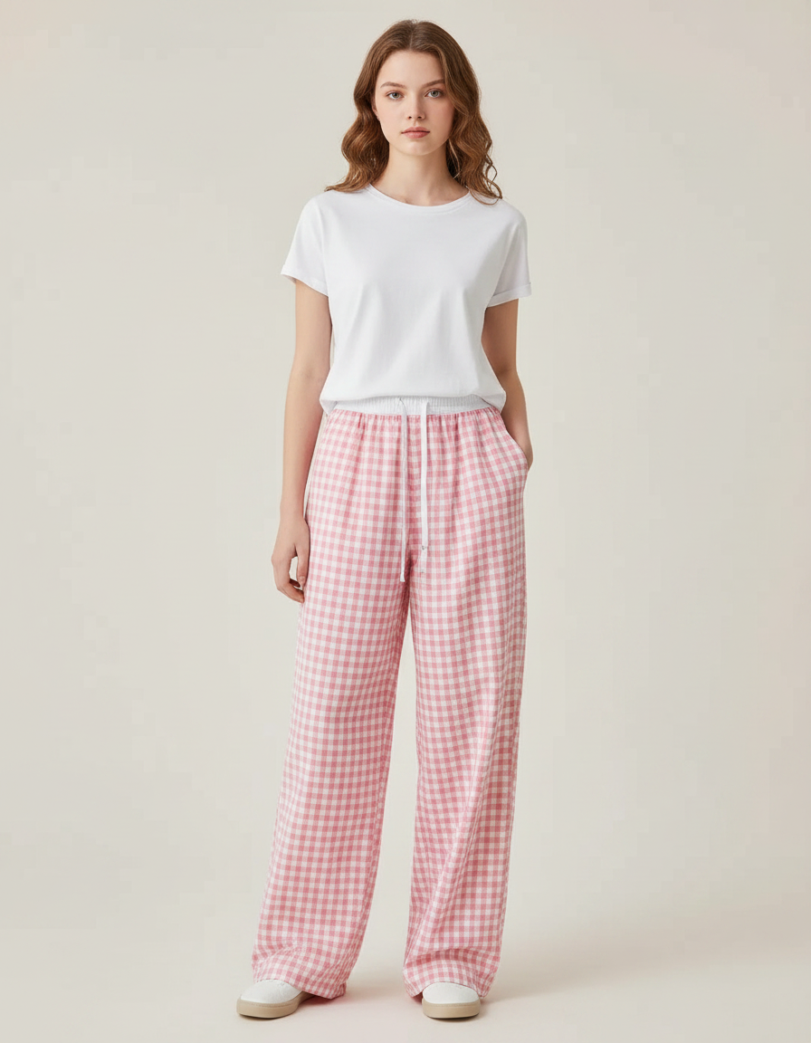Pantalon Parachute Rose Vichy Ample Coton Fluide