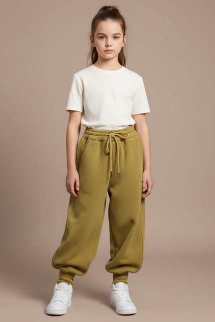 Pantalon Parachute Kaki Ample Molletonné Élastique Fille