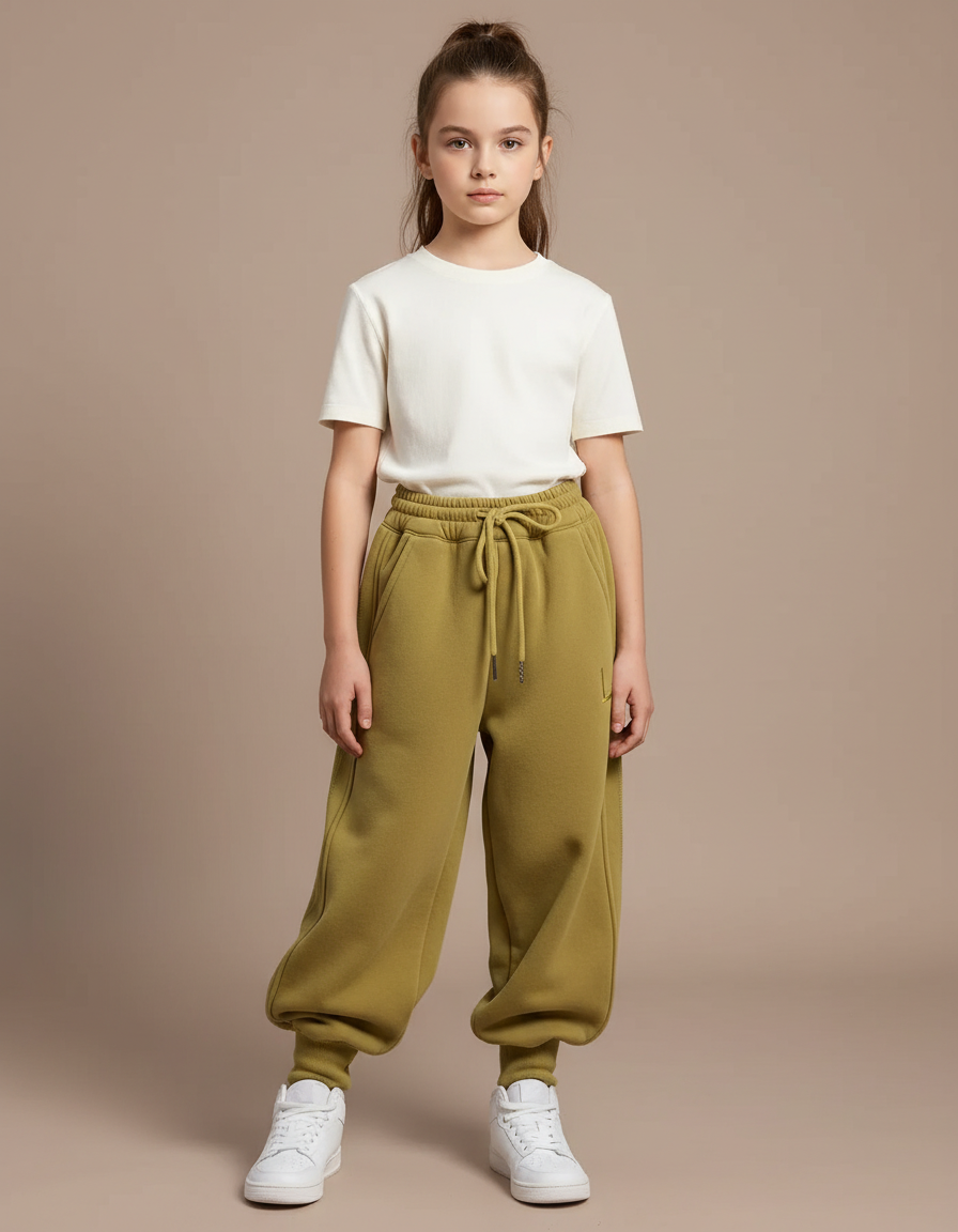 Pantalon Parachute Kaki Ample Molletonné Élastique Fille