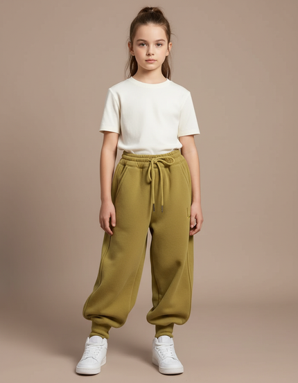 Pantalon Parachute Kaki Ample Molletonné Élastique Fille
