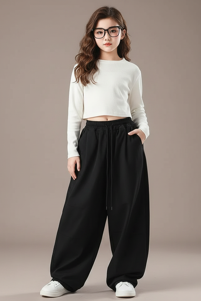 Pantalon Parachute Noir Ample Fluide Cordon Fille - Molleton