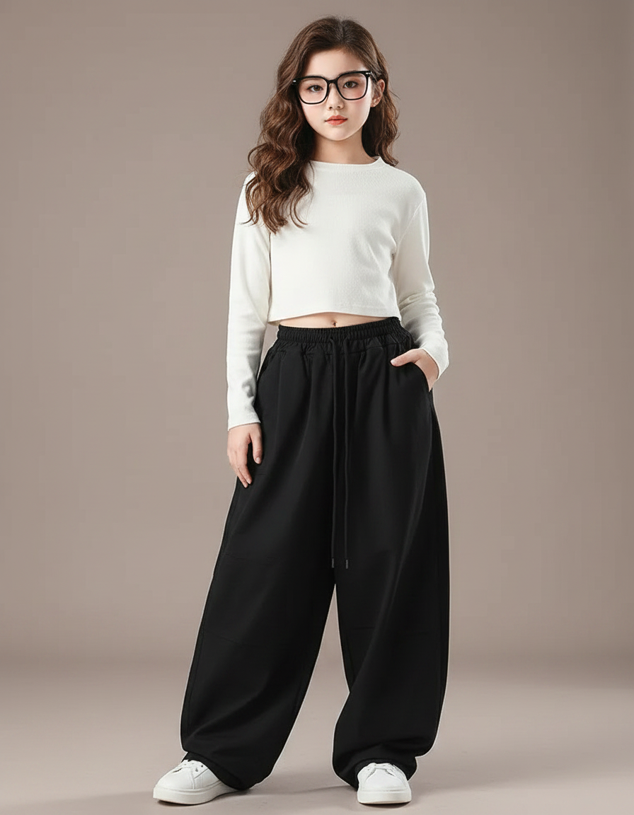 Pantalon Parachute Noir Ample Fluide Cordon Fille - Molleton