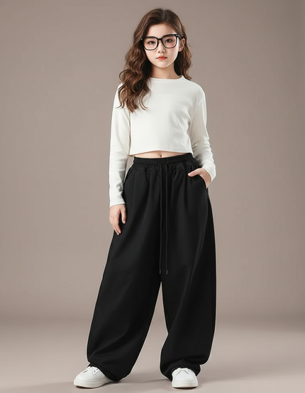 Pantalon Parachute Noir Ample Fluide Cordon Fille - Molleton