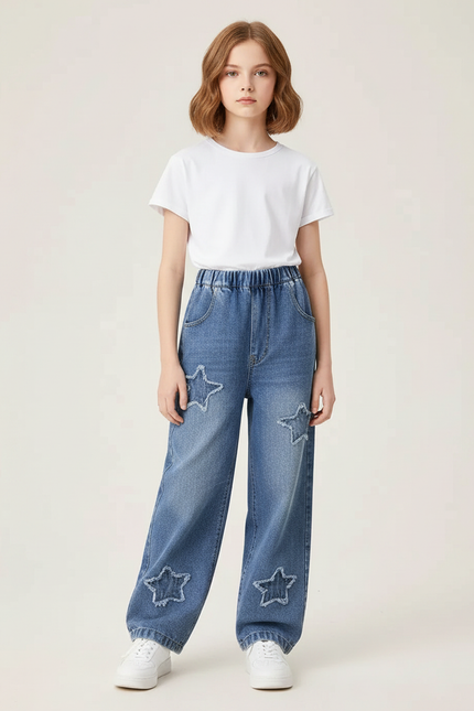 Pantalon Parachute Denim Ample Étoiles Fille Bleu Décontracté - Jean