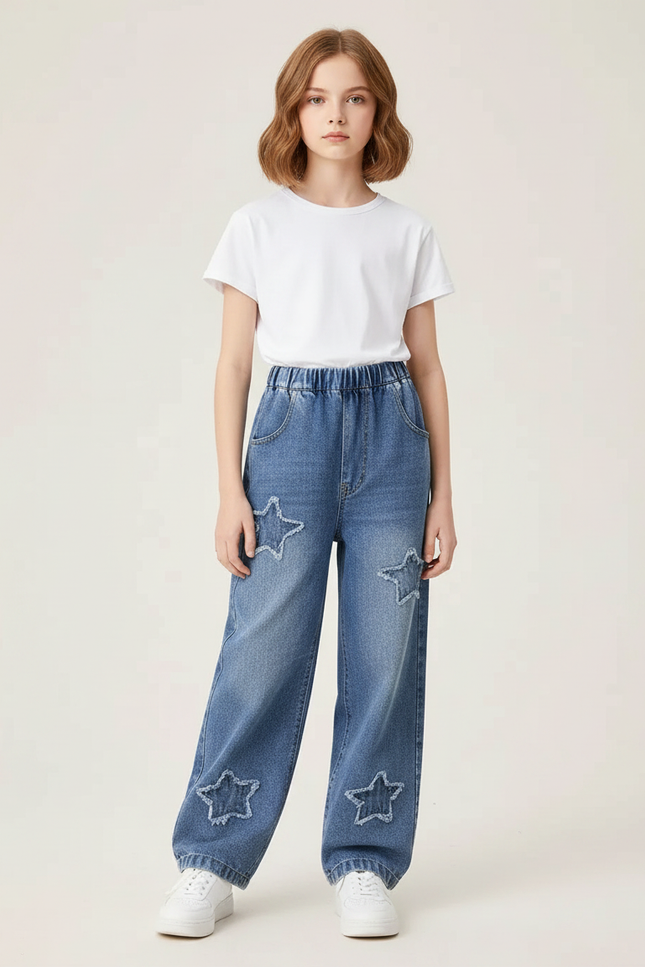 Pantalon Parachute Denim Ample Étoiles Fille Bleu Décontracté - Jean