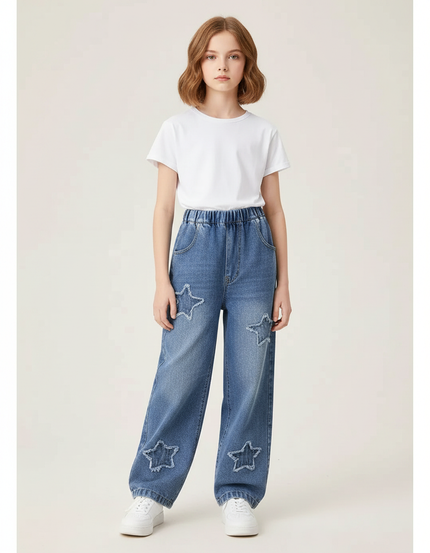 Pantalon Parachute Denim Ample Étoiles Fille Bleu Décontracté - Jean