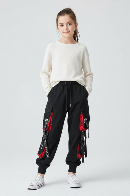 Pantalon Parachute Noir Cargo Rouge Techwear Ample - Molleton