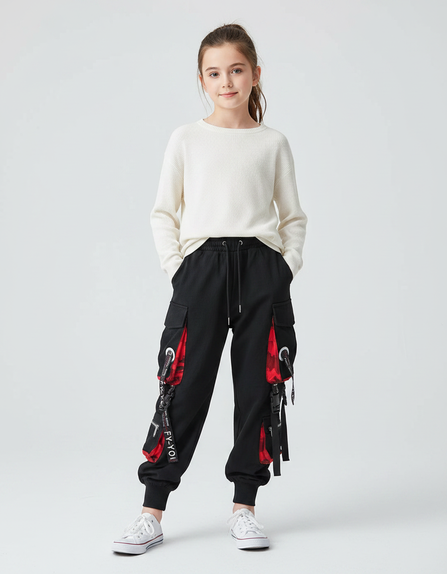 Pantalon Parachute Noir Cargo Rouge Techwear Ample - Molleton