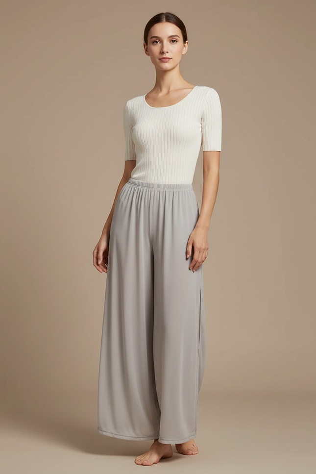 Pantalon Parachute Gris Fluide Ample Élégant Femme - Polyester