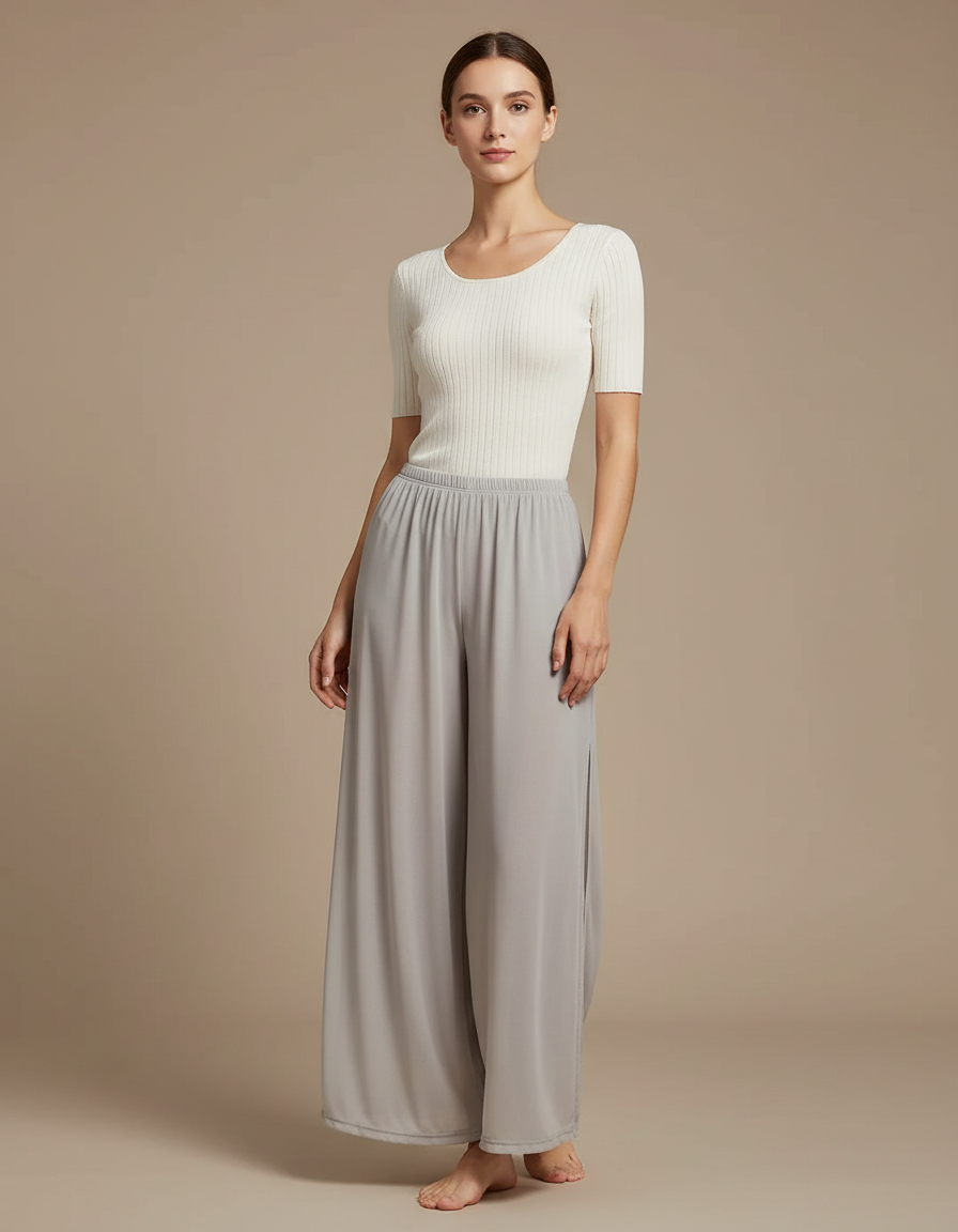 Pantalon Parachute Gris Fluide Ample Élégant Femme - Polyester