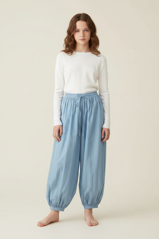 Pantalon Parachute Fluide Ample Coton Femme Bleu