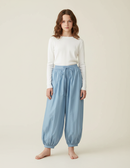 Pantalon Parachute Fluide Ample Coton Femme Bleu