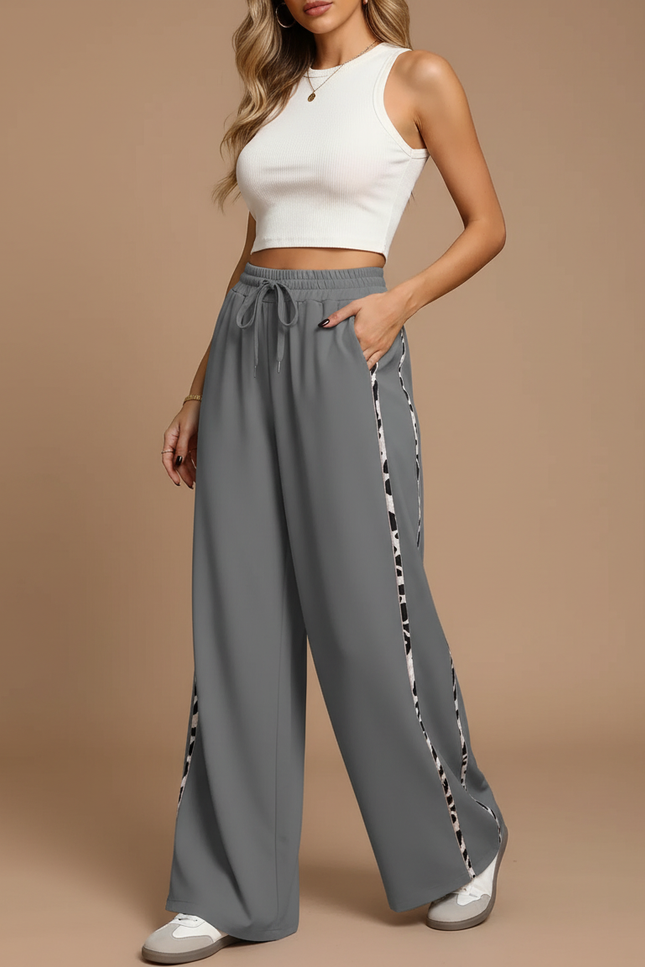 Pantalon Parachute Gris Ample Imprimé Léopard Fluide - Polyester
