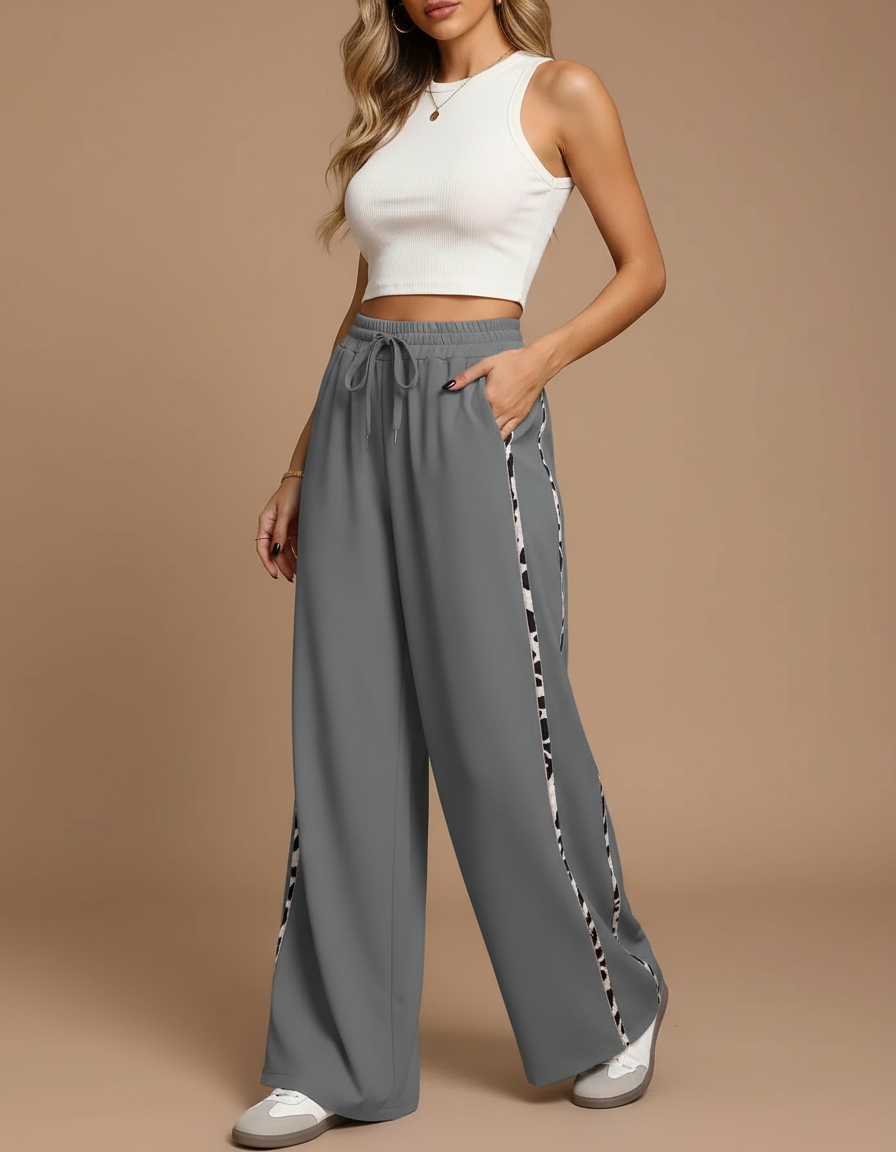 Pantalon Parachute Gris Ample Imprimé Léopard Fluide - Polyester