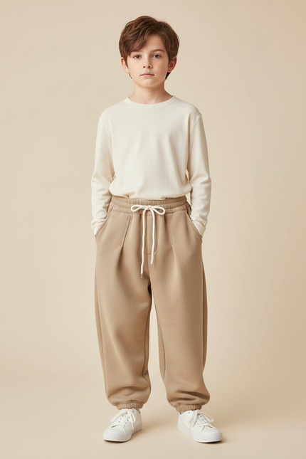 Pantalon Parachute Molleton Ample Garçon Hiver Cordon Serre-taille - Beige