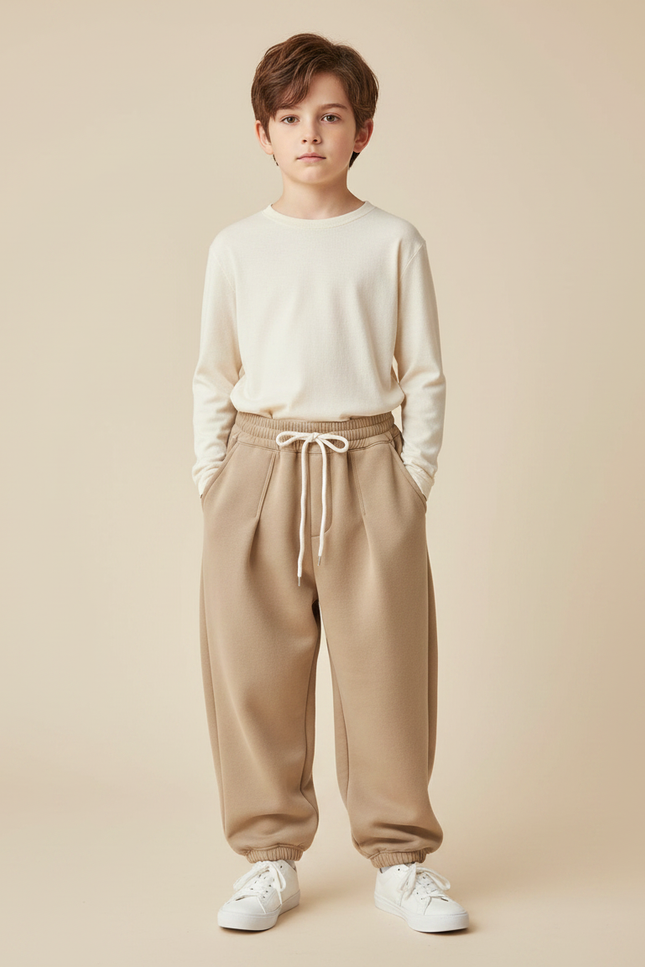 Pantalon Parachute Molleton Ample Garçon Hiver Cordon Serre-taille - Beige